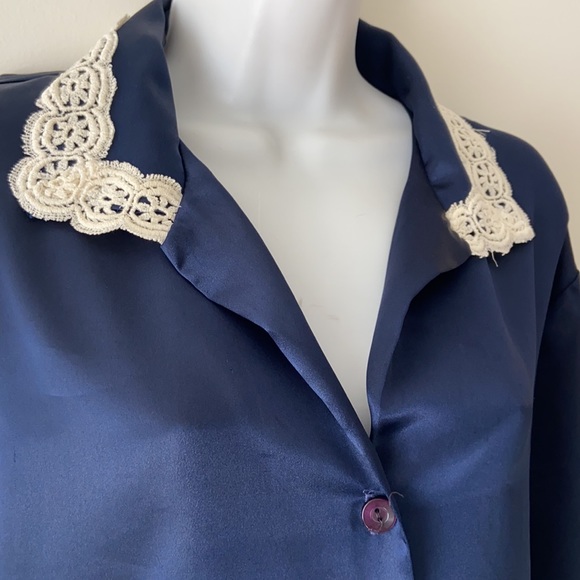 PINK LADY blue satin VINTAGE blouse LARGE - Picture 5 of 10